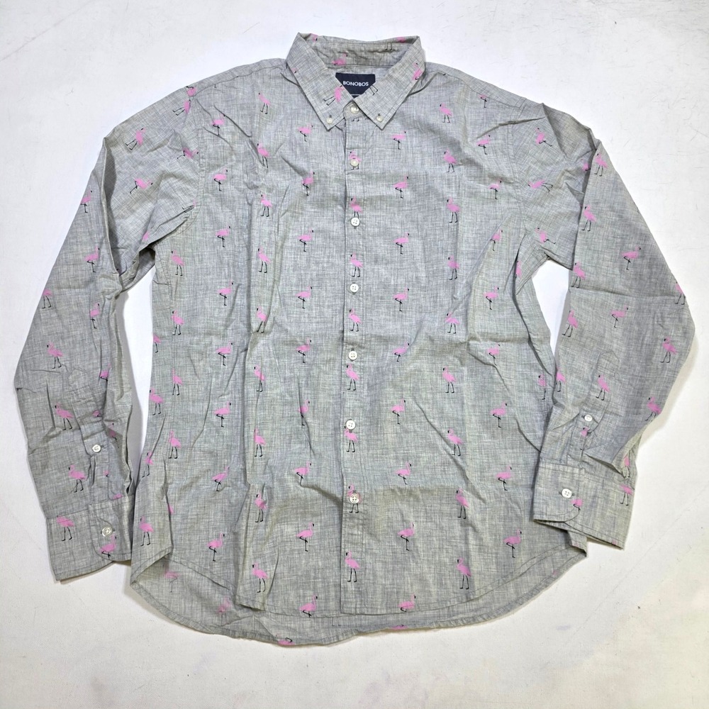 Bonobos Button Down Shirt Mens Large Gray Pink Flamingo Slim Fit Casual Summer